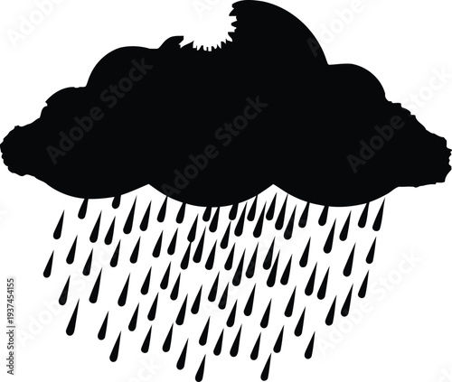 A dark cloud releasing a steady stream of falling raindrops against a plain background.