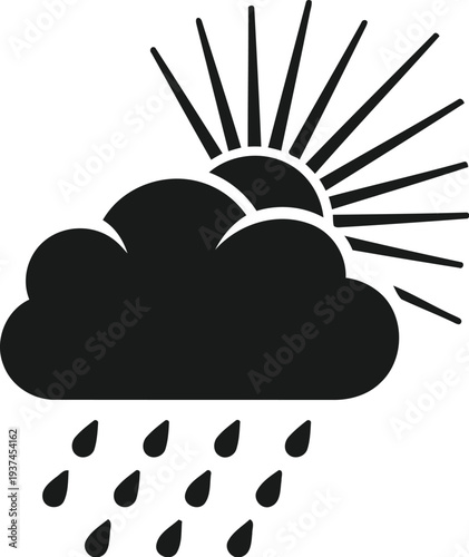 A cloud with sun rays and falling rain drops against a plain background.
