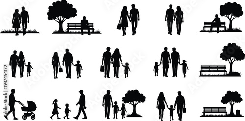 Title: Grid of black family silhouettes showing couples parents children strolling sitting and pushing strollers representing diverse family interactions and outdoor leisure moments  