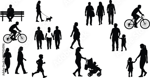 Title: Black silhouette collection of everyday people walking jogging cycling pushing strollers and interacting with pets highlighting urban lifestyle diversity and community activity  