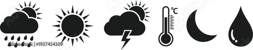 Weather icons representing different atmospheric conditions and phases of the moon