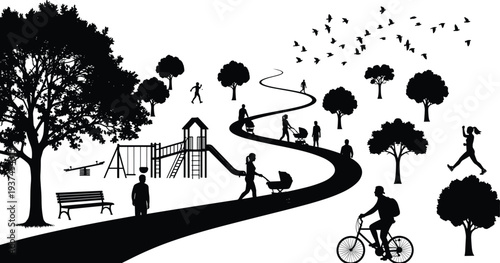 Title: Inclusive black silhouettes of people interacting with dogs walking playing and caring for pets, showing diverse abilities and companionship in life scenes