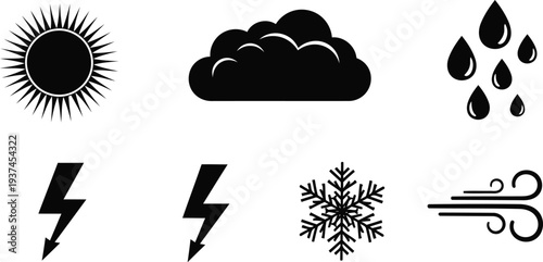 Weather symbols depicting sun, rain, snow, and storm conditions