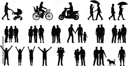 Title: Park silhouette illustration with winding path playground trees benches cyclists joggers and families enjoying outdoor recreation and community green space activities