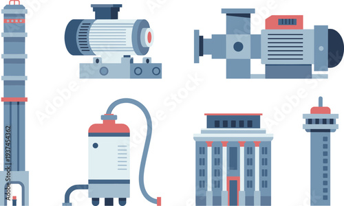 Industrial equipment set with electric motors pumps factory building tower machinery and processing systems flat vector illustration for manufacturing industry