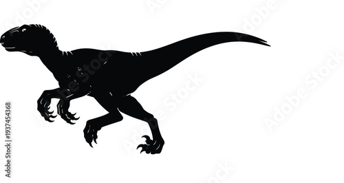 Black Silhouette and Blue Outline Illustration of a Running Raptor Dinosaur Isolated on White Background for Prehistoric Jurassic Wildlife Nature Concept