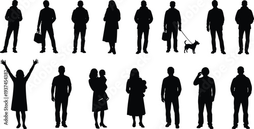 Title: Diverse black silhouette set of fifteen people in everyday poses including walking talking holding bags and interacting for editorial use  