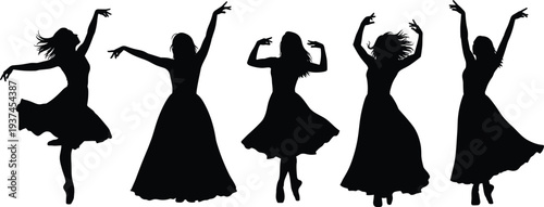 Elegant silhouette set of beautiful young women dancing in flowing dresses, graceful female dancers performing expressive ballet movements isolated on white background for design.
