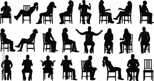 Seated people silhouettes in various poses and gestures on chairs, human body language collection for communication, psychology, interview concepts, black vector illustration setSeated people 