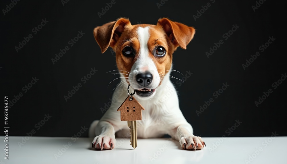 Fototapeta premium Small dog Jack Russell Terrier holds house key in mouth. Cute pet delivers new home security. Animal with wooden house keychain, ready for family.