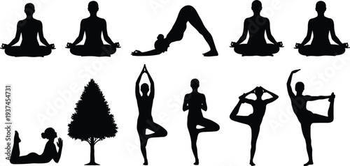 Yoga meditation silhouettes showing balance poses and mindfulness practice, healthy lifestyle, flexibility, relaxation and spiritual wellness concept, black vector illustration set isolated