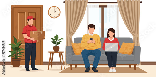 Online shopping home delivery scene with courier handing package, couple relaxing on sofa using smartphone and laptop, modern lifestyle, e-commerce service concept, flat vector illustration