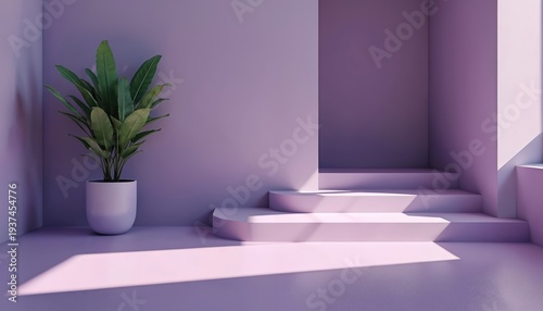Minimalist interior with plant in pot on floor. Stpic lead up to doorway against violet wall. Bright sunlight casts shadows on floor and stpic.