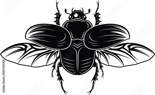 Detailed black beetle insect silhouette illustration with spread wings, symmetrical vector design, tattoo style entomology artwork isolated on white background for creative and educational use