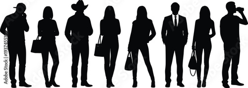 Business people silhouettes group standing together, men and women professionals with bags and accessories, modern lifestyle workforce concept, black vector illustration isolated on white background