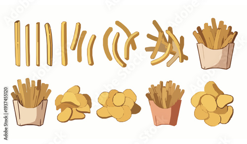Hand drawn french fries and potato chips vector snack food illustration set isolated on white