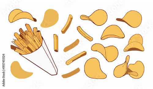 Colorful hand drawn crispy french fries and potato chips snack vector set isolated on white