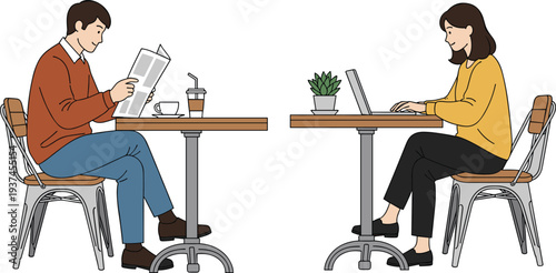 Man reading newspaper and woman working on laptop at cafe tables, modern freelance lifestyle illustration, casual workspace scene with coffee, minimal flat design