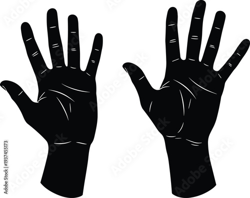 Black silhouette of raised human hands with detailed palm lines, gesture symbol illustration for communication, safety, help, sign language, isolated on white background