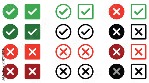 Check mark and cross vector icon set, green approval symbol, red x sign