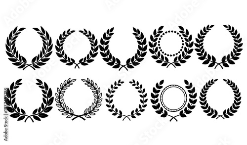 Hand drawn black and white laurel wreath emblem vector set for award and recognition design isolated on white