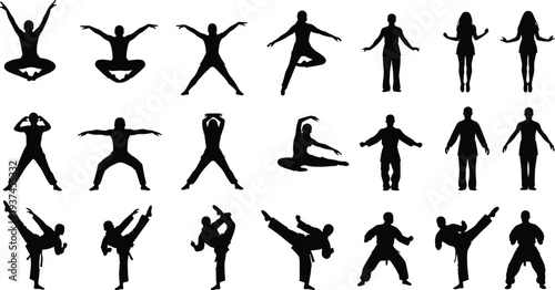 Human activity silhouette collection featuring yoga poses, fitness exercises, martial arts kicks, jumping movements and stretching actions, isolated black figures on white background