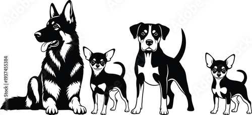 Dog breed silhouette collection featuring large and small domestic dogs, standing and sitting poses, black and white pet illustration set isolated on white background
