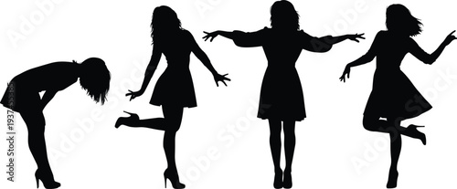 Female dancing silhouette set showing playful movement, jumping and expressive poses, stylish women fashion concept illustration isolated on white background