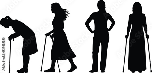 Elderly women silhouettes with walking sticks showing aging stages, senior female figures standing and walking, healthcare, mobility support, independence concept isolated on white background