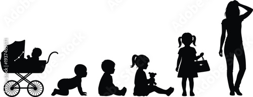 Female life stages silhouettes from baby stroller to adult woman, motherhood and childhood development journey, family growth timeline concept isolated on white background illustration