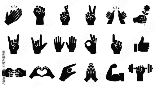 Human hand gesture icons for communication and emotions