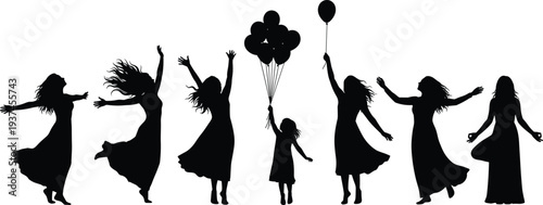 Joyful female silhouettes dancing with balloons, women and child celebrating freedom, happiness, and life moments, playful movement concept isolated on white background illustration