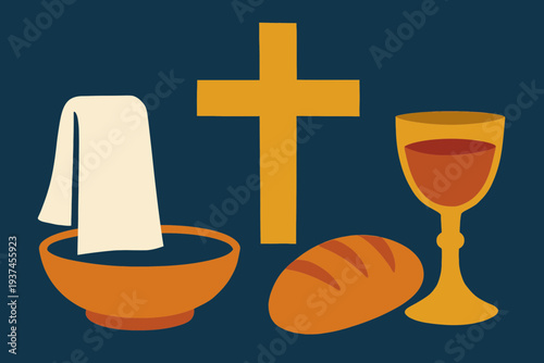 Maundy Thursday Banner Style Illustration with Foot Washing and Last Supper Icons