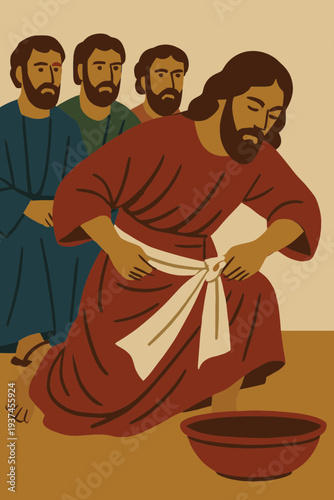 Jesus Wrapping Towel Around Waist Before Washing Feet on Maundy Thursday