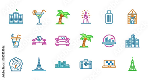 Collection of travel icons and symbols.
