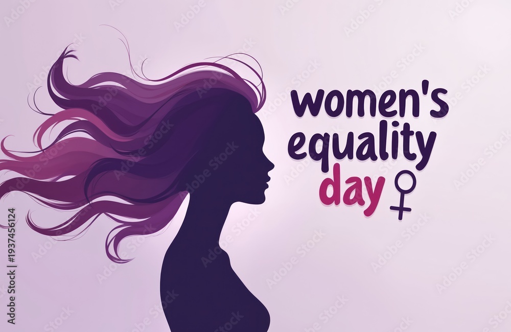 Obraz premium Silhouette of woman with flowing hair beside text Women Equality Day and female symbol. Illustration promotes gender parity, empowerment, and women rights.