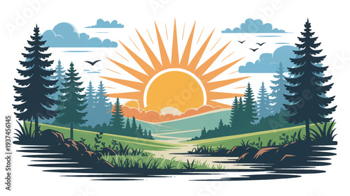 Radiant sunburst over a lush forest landscape with rolling hills, a winding path, and pine trees. Beautiful scene for nature, travel, and outdoor adventure.