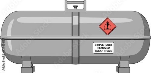 Large Grey Metal Propane Tank with Industrial Gas Pressure Valve and Red Hazardous Material Safety Label for Fuel Storage Design.