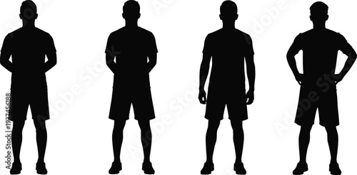 Full body black silhouettes of athletic men in sport clothing with different hand poses standing isolated on white background for design