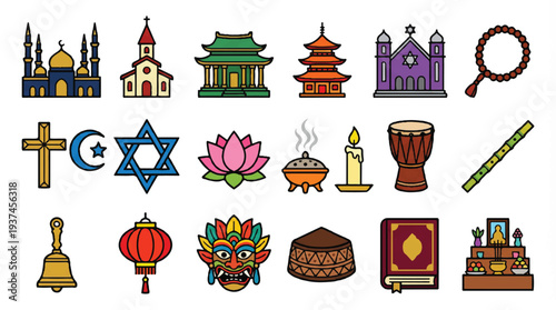 Diverse collection of religious and cultural symbols: mosques, churches, temples, lotus, cross, Star of David, and more. Vector icons for faith and diversity.