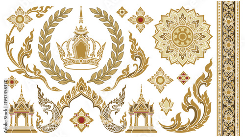 Royal thai gold crown and architectural element vector design bundle