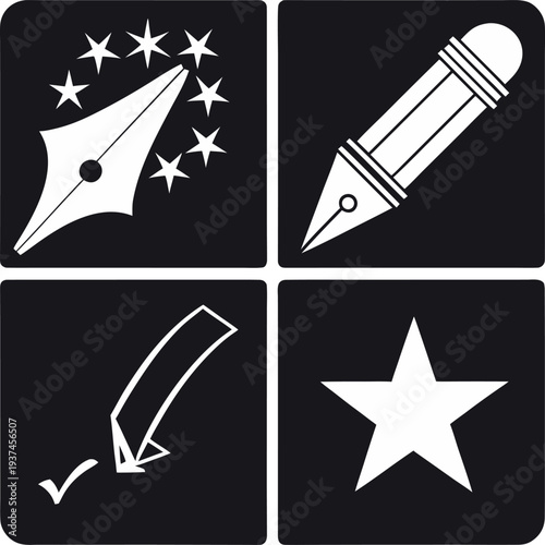 Set of four icons including a star, pencil, feather quill, and checkmark