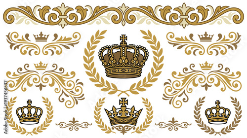 Royal golden crowns and vintage heraldic ornaments on white background