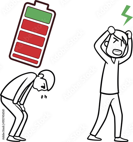 Two cartoon characters experiencing low battery stress and exhaustion