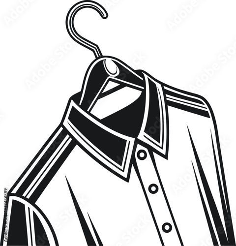 Black and white illustration of a dress shirt on a hanger