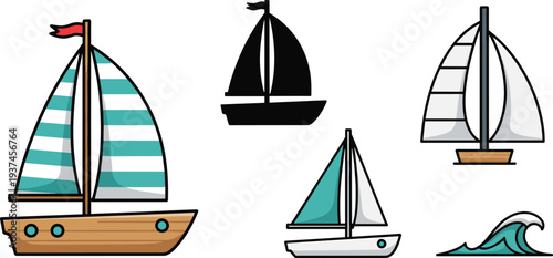 Sailboat and Ocean Wave Icons Set Sailing Boats Marine Transport Vector Illustration