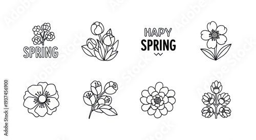 Black and white line art of spring flowers and happy spring text, floral design elements for seasonal greeting cards or spring decoration