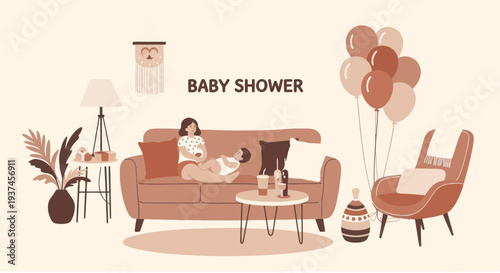 Baby shower celebration scene with mother and baby on sofa, balloons, cozy living room interior, warm pastel tones, family happiness concept