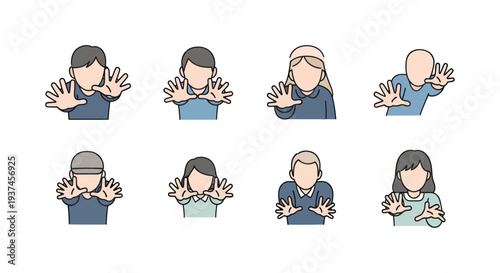 Cartoon diverse faceless people showing stop gesture with hands raised in front, concept of refusal or boundary, ideal for safety or communication visuals