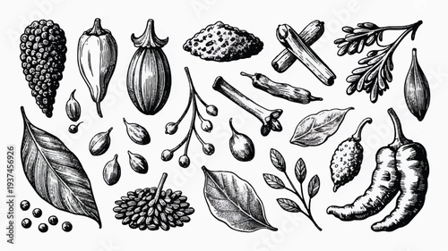 Vintage botanical illustration of various spices and herbs, including peppers, cinnamon, and berries, hand-drawn style